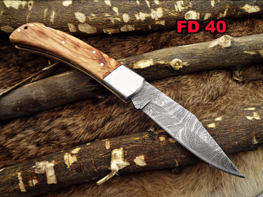 7.5" Folding Knife Damascus steel long, Kao wood with Steel bolster scale, custom made 3.5" Hand Forged blade cow hide leather sheath