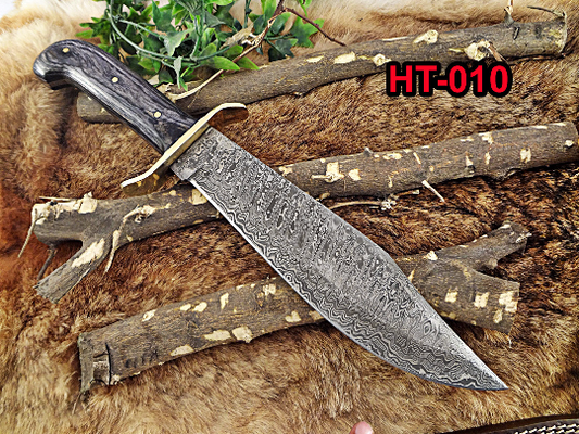 15" Long hand forged Damascus steel Hunting Bowie Knife, 2 tone Black Dollar wood with Brass finger guard, Cow Hide Leather sheath with belt loop