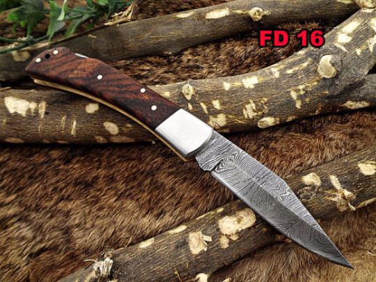 7.5" Folding Knife Damascus steel long, Kao wood with Steel bolster scale, custom made 3.5" Hand Forged blade cow hide leather sheath