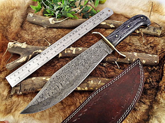 15" Long hand forged Damascus steel Hunting Bowie Knife, 2 tone Black Dollar wood with Brass finger guard, Cow Hide Leather sheath with belt loop