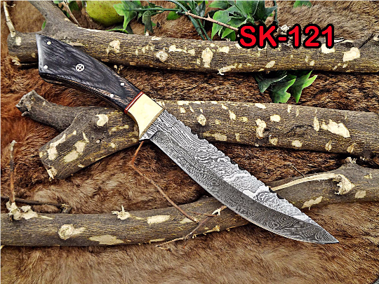 11" Long Damascus steel full tang trailing point blade skinning Knife with Leather sheath, Available in 3 scales with bolster