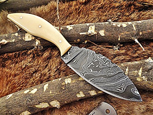 9" Long Damascus Steel Skinning Knife, 4.5" Hand Forged Full Tang Blade with 4" Cutting, 2 Tone Dollar Wood Scale, Cow Hide Leather Sheath (Camel Bone)
