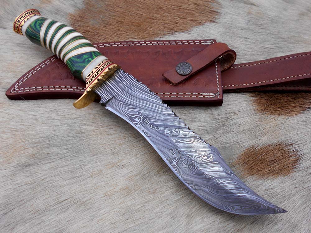 12" Long Damascus steel Hunting Bowie knife hand forged, exotic scale crafted with engraved brass, sliced camel bone and Wood W/brass spacer