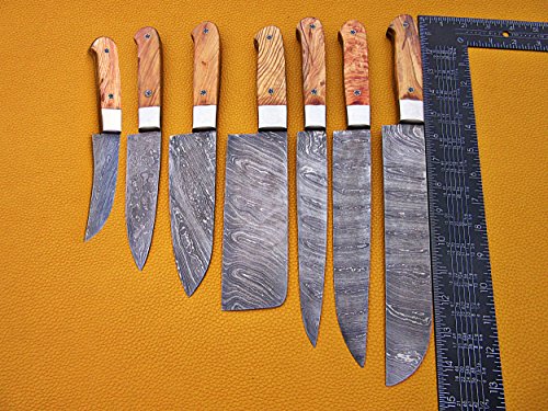 7 pieces Custom made hand forged Damascus steel full tang blade kitchen knife set, Over 75 inches Length of Damascus sharp knives (15+14+13.5+12+11+10+9) Inches, Cow hide Leather sheath