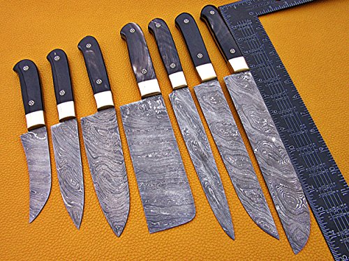 7 pieces Custom made hand forged Damascus steel full tang blade kitchen knife set, Over 75 inches Length of Damascus sharp knives (15+14+13.5+12+11+10+9) Inches, Cow hide Leather sheath