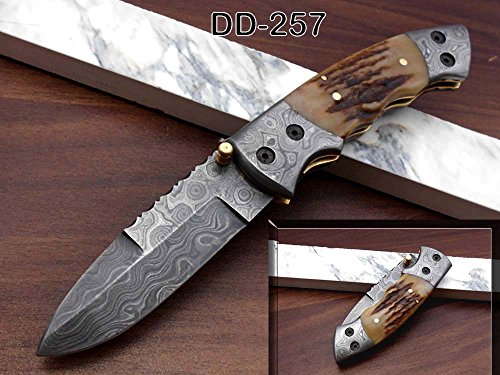 7.5" Folding Knife with 3.5" blade, Ram horn scale with Damascus bolster Hand Forged Damascus steel, Thumb knob & liner lock, Cow hide leather sheath (Ram Horn)