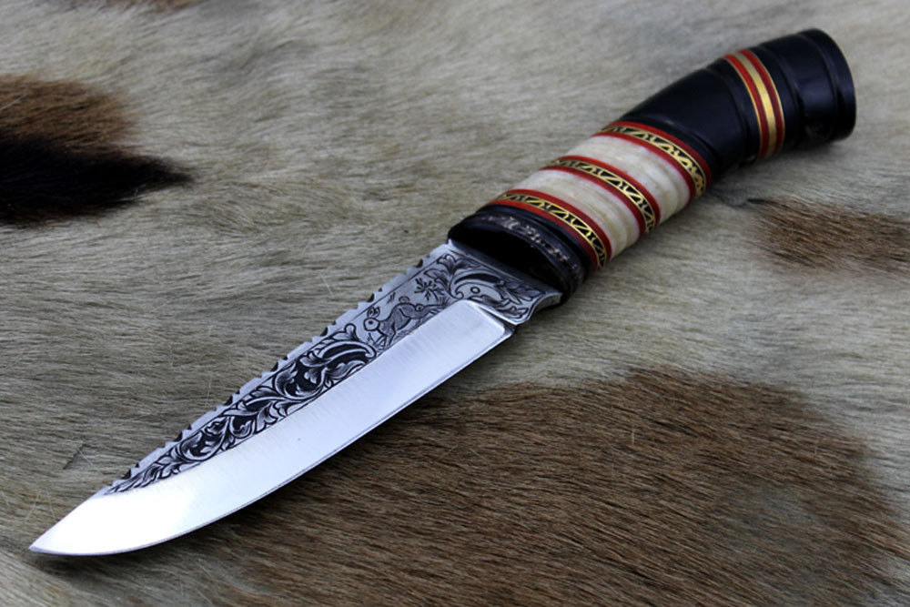 11" Hand engraved stainless steel skinning knife, Custom made scale, Cow sheath