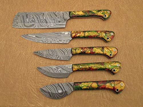 5 pieces Custom made hand forged Damascus steel blade kitchen knife set with gift box, Green Camouflage scale, Overall 45 inches Length of Damascus sharp knives (10.6+9.6+9.0+8.0+7.6) Inches