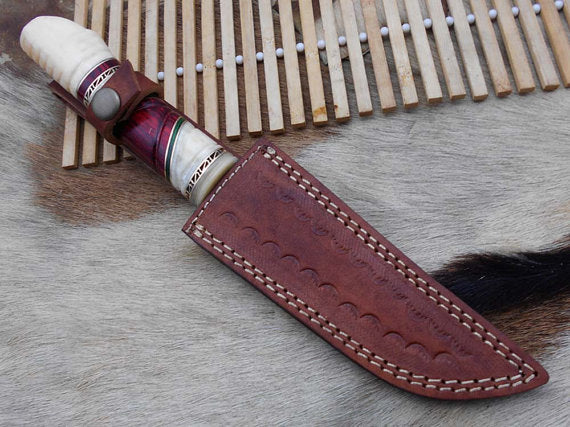 10.5" Long Damascus steel hunting Knife hand forged, hand crafted exotic round scale scale with camel bone brass & fiber, Cow Leather sheath