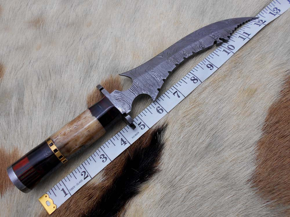 13 Inches long custom made Hand Forged Damascus Steel dagger Knife With 6.5" blade, exotic colored bone & wood scale cow hide leather sheath