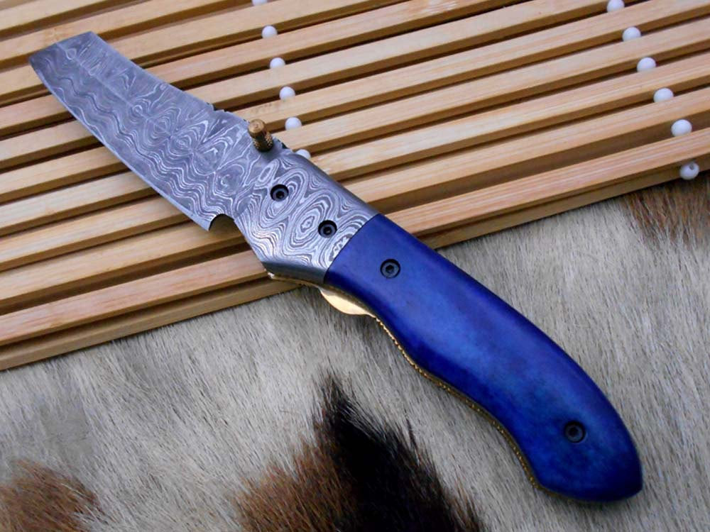 Damascus steel 7.8" folding hand forged custom rain drop patren knife 3.5" Blade Colored Bone & Damascus bolster scale cow leather sheath