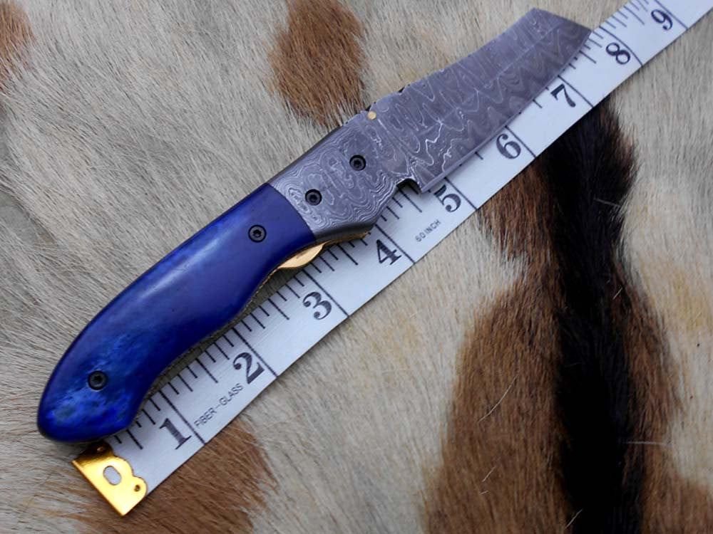 Damascus steel 7.8" folding hand forged custom rain drop patren knife 3.5" Blade Colored Bone & Damascus bolster scale cow leather sheath