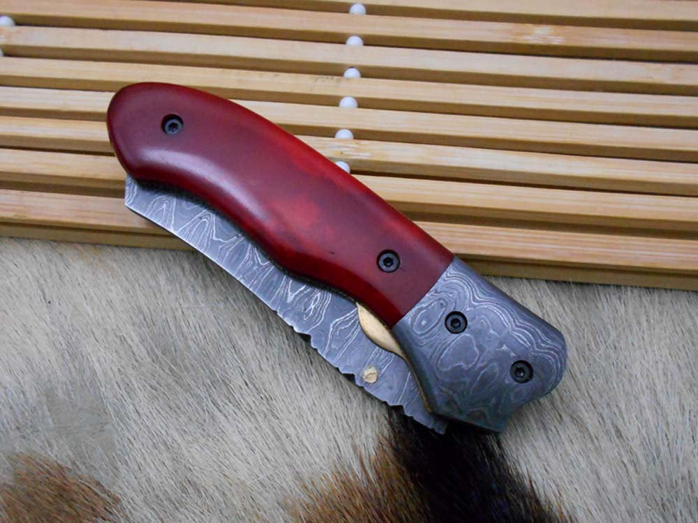 Hand forged Damascus steel 7.8" folding custom Ledder patren knife 3.5" Blade Colored Bone & Damascus bolster scale cow leather sheath