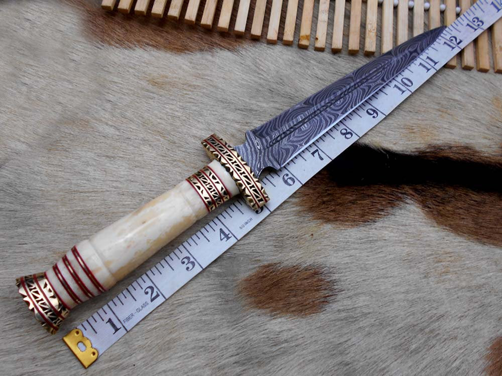 12.2" Long Damascus Dagger hand forged Knife 6.2" dual edge very exotic camel bone scale crafted with engraved brass work and fiber spacing