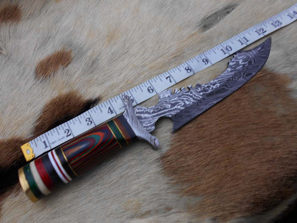 Damascus Steel Dagger Knife with finger guard 12 Inches custom made Hand Forged 7.5" long blade, Colored wood scale, cow hide leather sheath