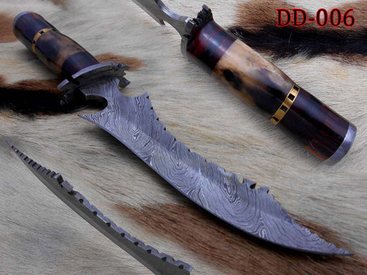 13 Inches long custom made Hand Forged Damascus Steel dagger Knife With 6.5" blade, exotic colored bone & wood scale cow hide leather sheath