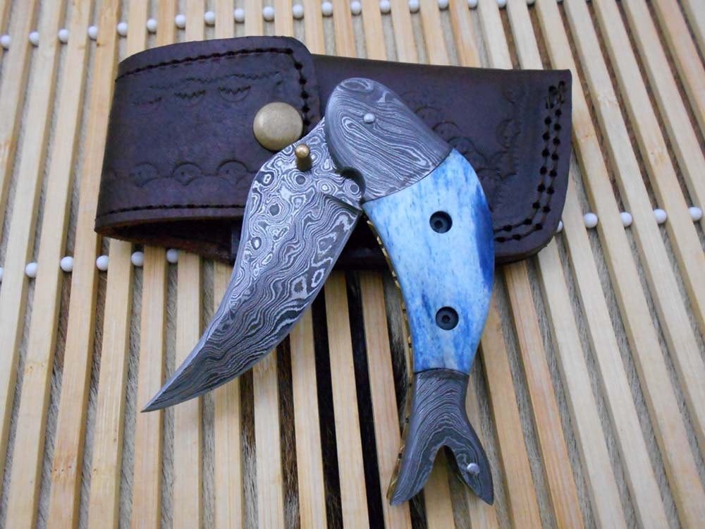 Fish shape 8" folding pocket knife available in 3 natural scales,  Cow leather sheath included