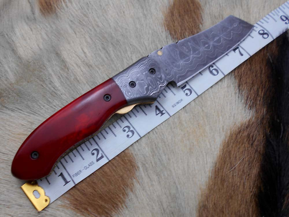 Hand forged Damascus steel 7.8" folding custom Ledder patren knife 3.5" Blade Colored Bone & Damascus bolster scale cow leather sheath