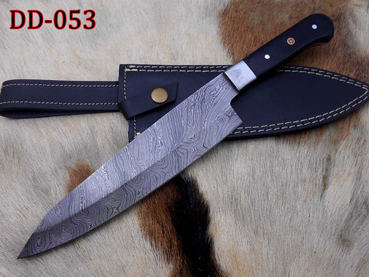 Damascus Steel kitchen Knife Custom made 13 Inches long Hand Forged Chef Knife 7.2" edge Buffalo Horn W/Bolster scale, cow leather sheath
