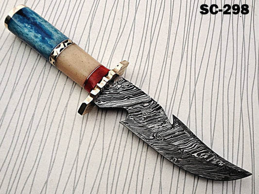 Damascus steel 11.5" Long hunting Knife hand forged fire pattern, Colored camel bone with engraved brass scale, Cow hide leather sheath