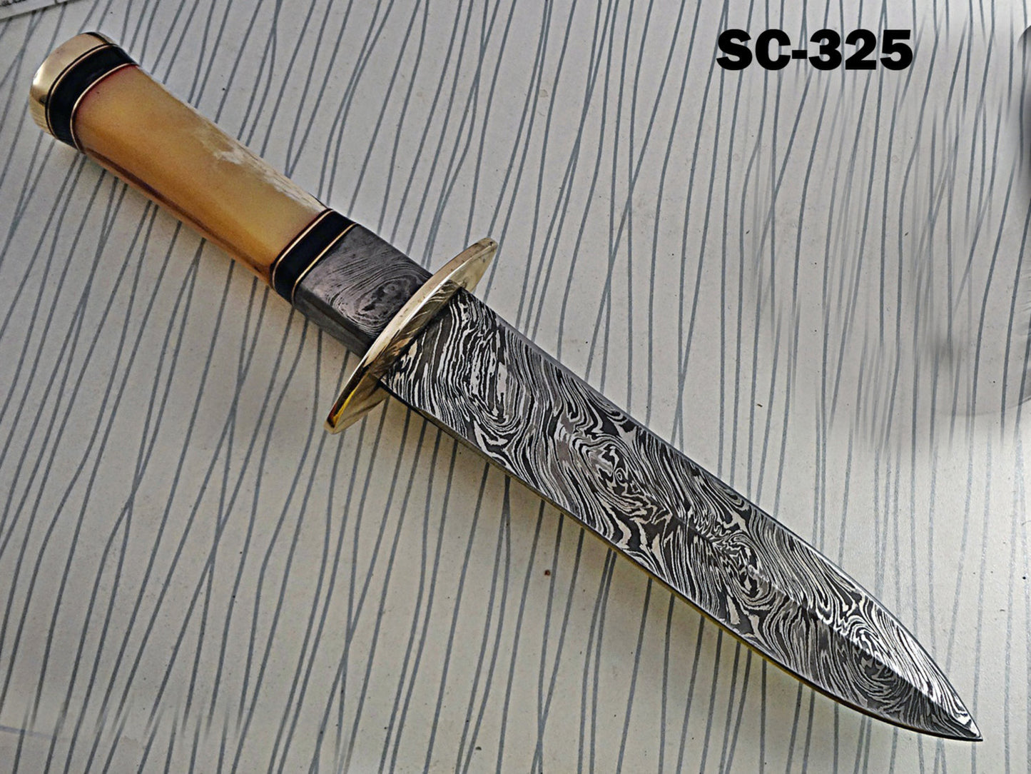 13 Inches long Damascus steel custom made hunting dagger Knife camel bone, Bull horn & bolster scale Hand Forged cow hide leather sheath