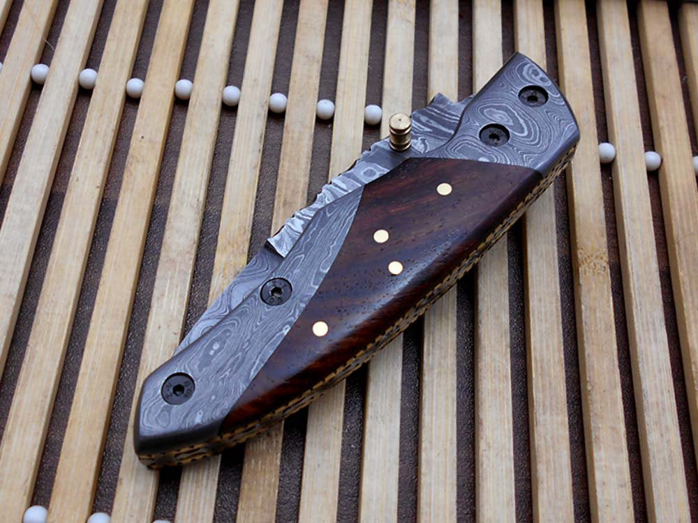 8" long Damascus steel custom made Folding Knife with pocket clip, Available in various scales option with Damascus, 3.5" Damascus steel blade with Liner lock, Includes Cow hide leather sheath