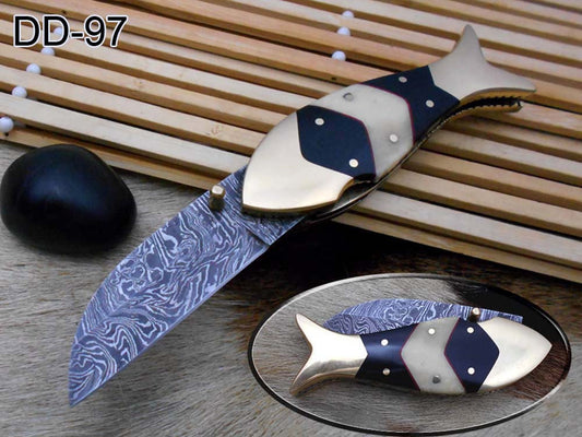 Fish style Damascus steel folding pocket knife hand forged custom twisted 6.8" compact W/Camel Bone & brass exotic scale, leather sheath