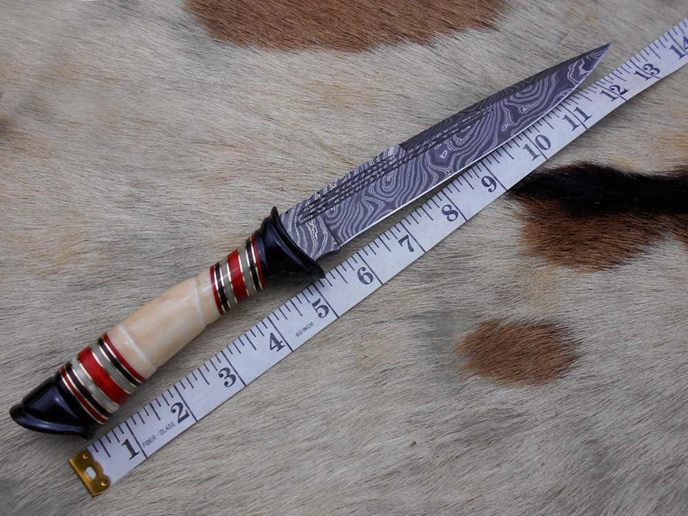 13" Long Damascus steel skinning knife hand forged Polished camel bone with red fiber and  brass spacer hand crafted scale custom made