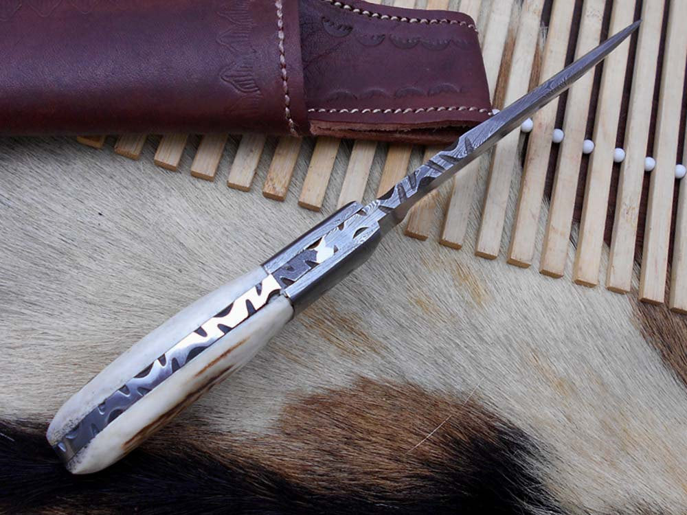 Stag antler with damascus bolster Exotic scale 8" Long Damascus Full tang hunting knife 4.2" cutting Hand Forged Cow leather sheath