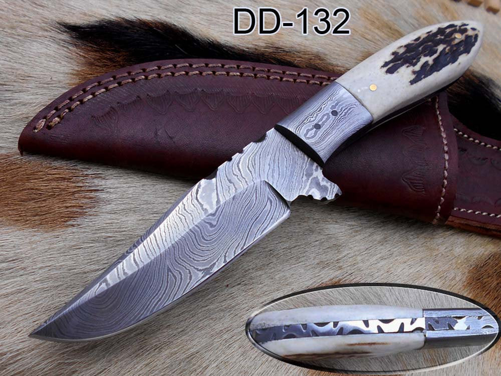 Stag antler with damascus bolster Exotic scale 8" Long Damascus Full tang hunting knife 4.2" cutting Hand Forged Cow leather sheath