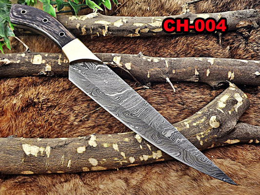 13.5 Inches long custom made Damascus steel slicer kitchen chef Knife 8" full tang blade Black Dollar Wood scale with brass bolster