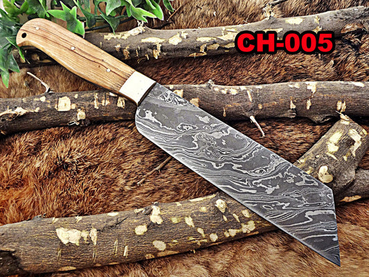 12 Inches long custom made Damascus steel full tang butcher Knife 7" full tang blade blade Natural  Kow wood scale with brass bolster