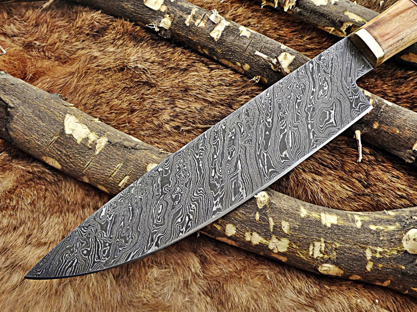 14 Inches long custom made Damascus steel chef Knife 9" full tang blade Kow wood scale with brass spacer and bull horn round scale