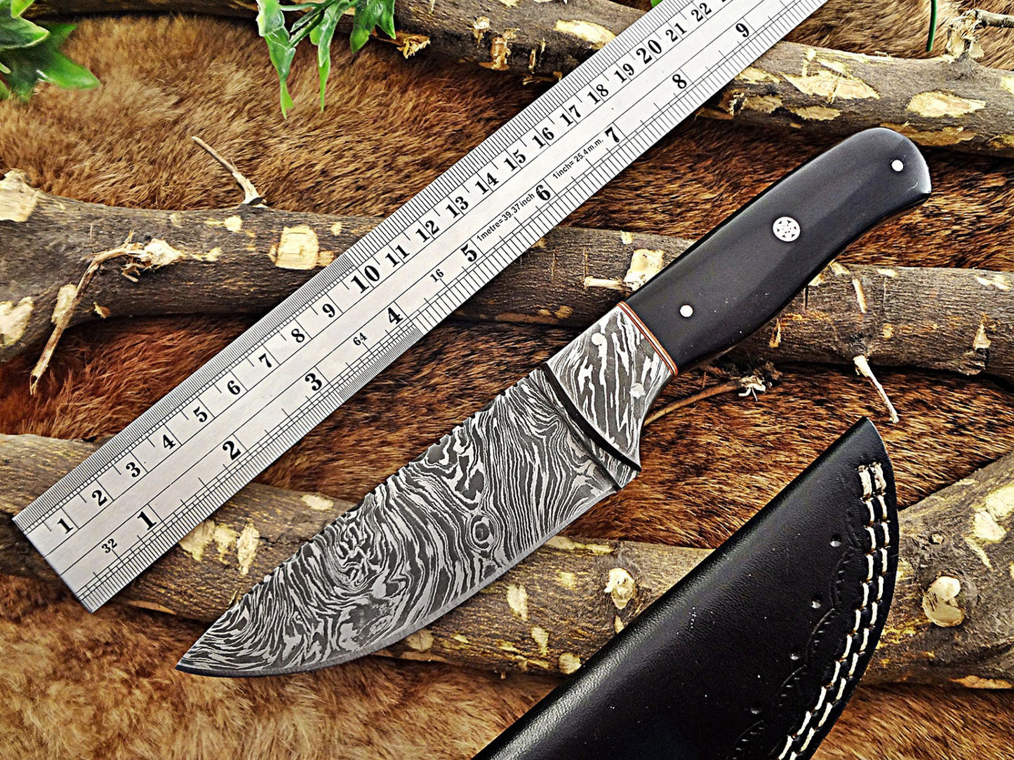 9.25" Long hand forged Damascus steel full tang drop point blade skinning Knife, Buffalo Horn scale with Damascus Bolster Cow Leather sheath