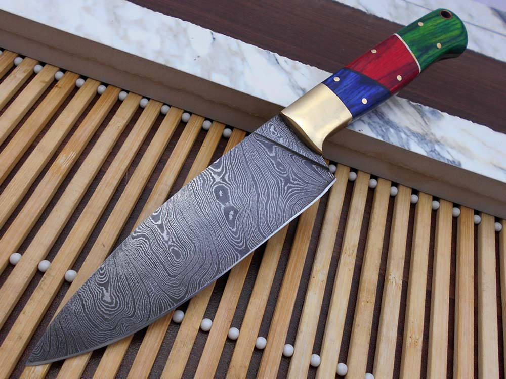 9.5 Inches long custom made Damascus steel full tang 5.5" blade Chef Knife, Multi color wood scale with brass bolster, Cow Leather sheath