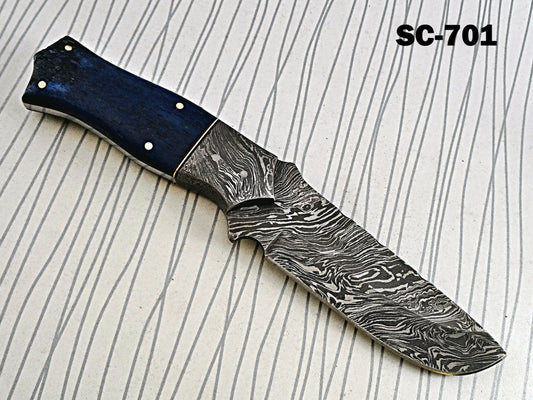 9" long Damascus steel custom made hunting Knife blue colored camel bone scale full tang Hand Forged 4" cutting edge cow hide leather sheath