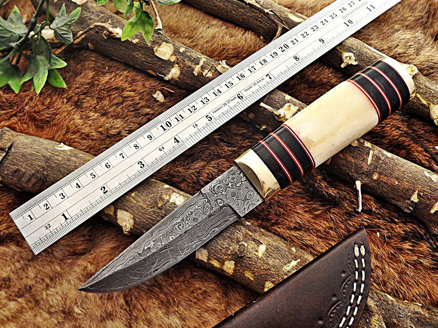 10"Long hand forged Twist pattern Damascus steel hunting Knife, Camel bone & bull horn scale with brass bolster, Cow hide leather sheath