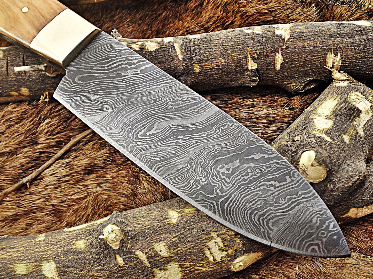 10" Long hand forged Hunting Damascus steel full tang Knife with gut hook, Kao Wood With Brass Boster.