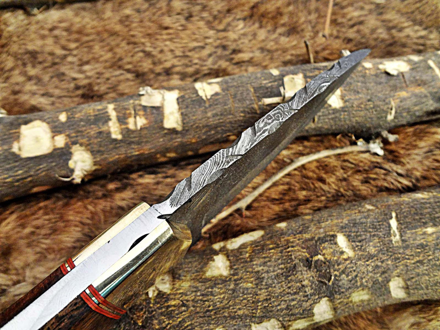 8.5" Long hand forged skinning Knife, 4.25" full tang Damascus steel blade, Natural Rose wood with inserting hole, Cow hide Leather sheath