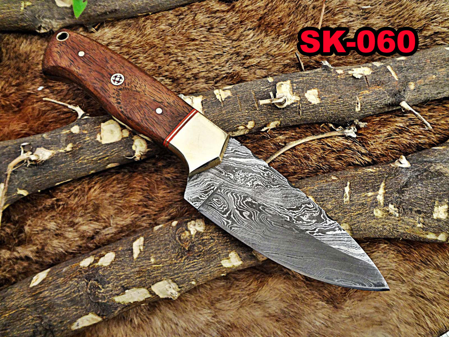 8.5" Long hand forged skinning Knife, 4.25" full tang Damascus steel blade, Natural Rose wood with inserting hole, Cow hide Leather sheath