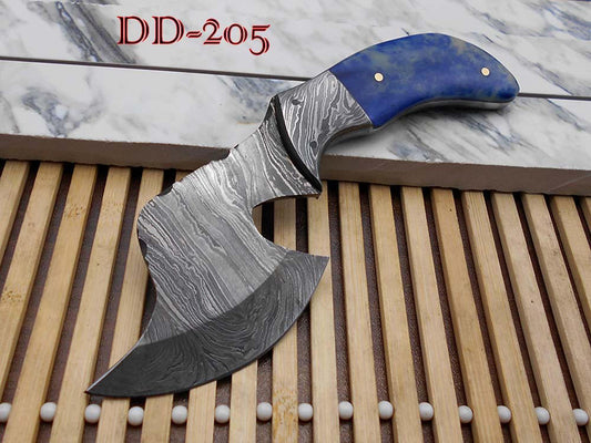 7" Long hand forged Twist pattern full tang Damascus steel compact Knife, Colored bone & Damascus bolster scale, Cow hide leather sheath