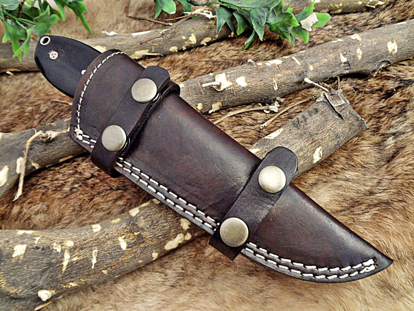 9" Long hand forged Damascus steel full tang skinning Knife with gut hook, Bull horn with Damascus Bolster, Cow hide Leather sheath
