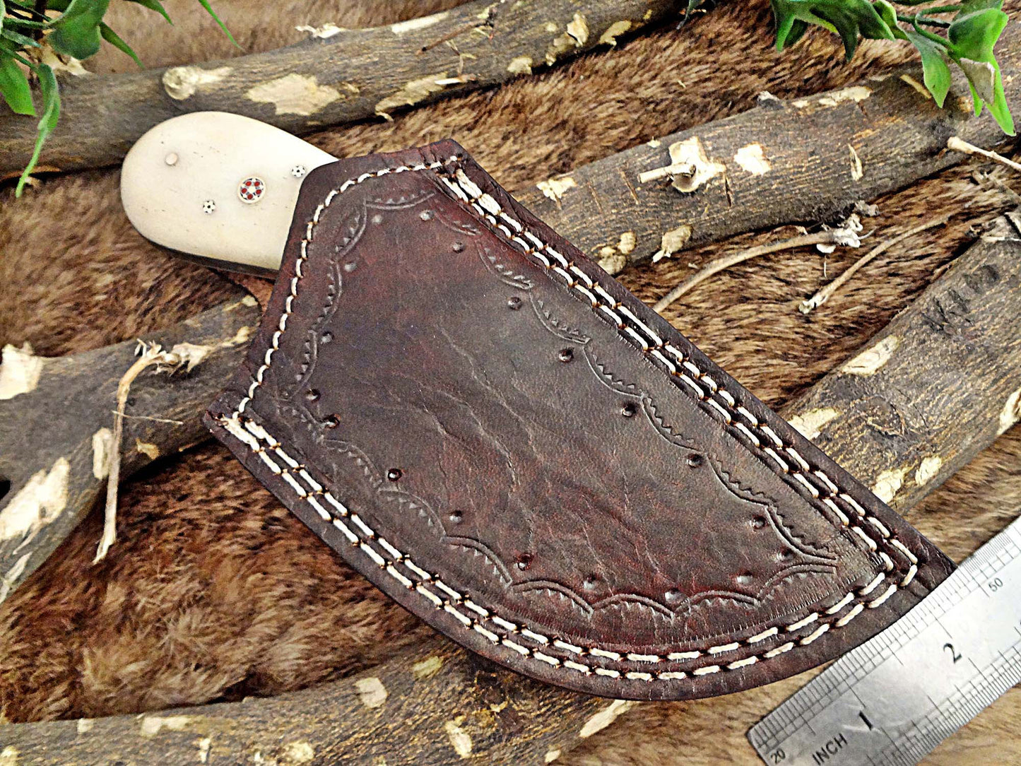 7" long Hand Forged Damascus Steel wide blade Pocket Knife with 3.5" cutting edge, available in 4 Natural scales, Includes Cow leather sheath