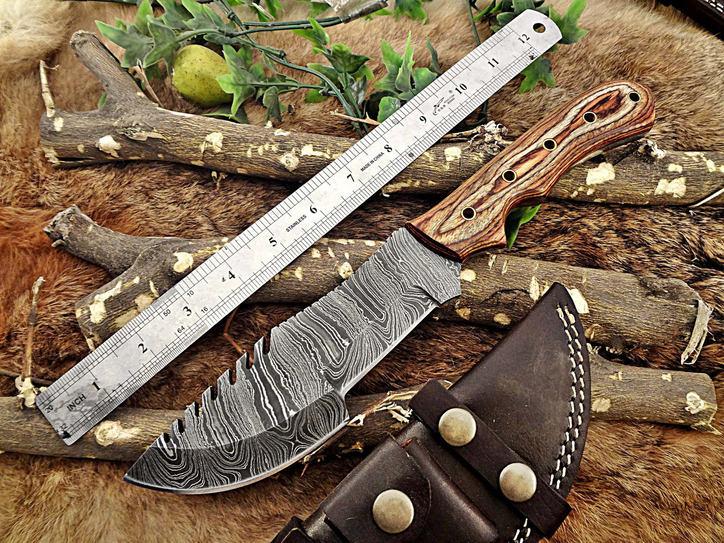 13" Long hand forged twist pattern full tang Damascus steel tracker knife, 2 tone brown dollar wood with holes scale, Cow leather sheath