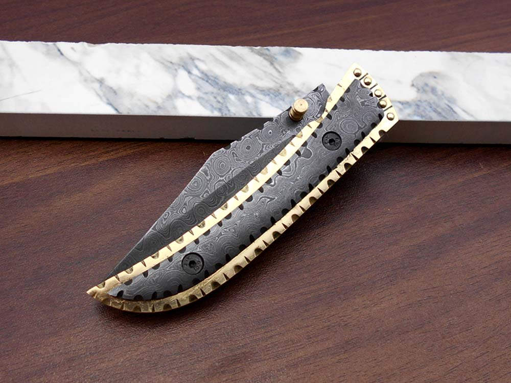 8 Inches long Folding Knife custom made Damascus steel and engraved brass scale 3.7" Hand Forged blade blue exotic leather sheath With loop