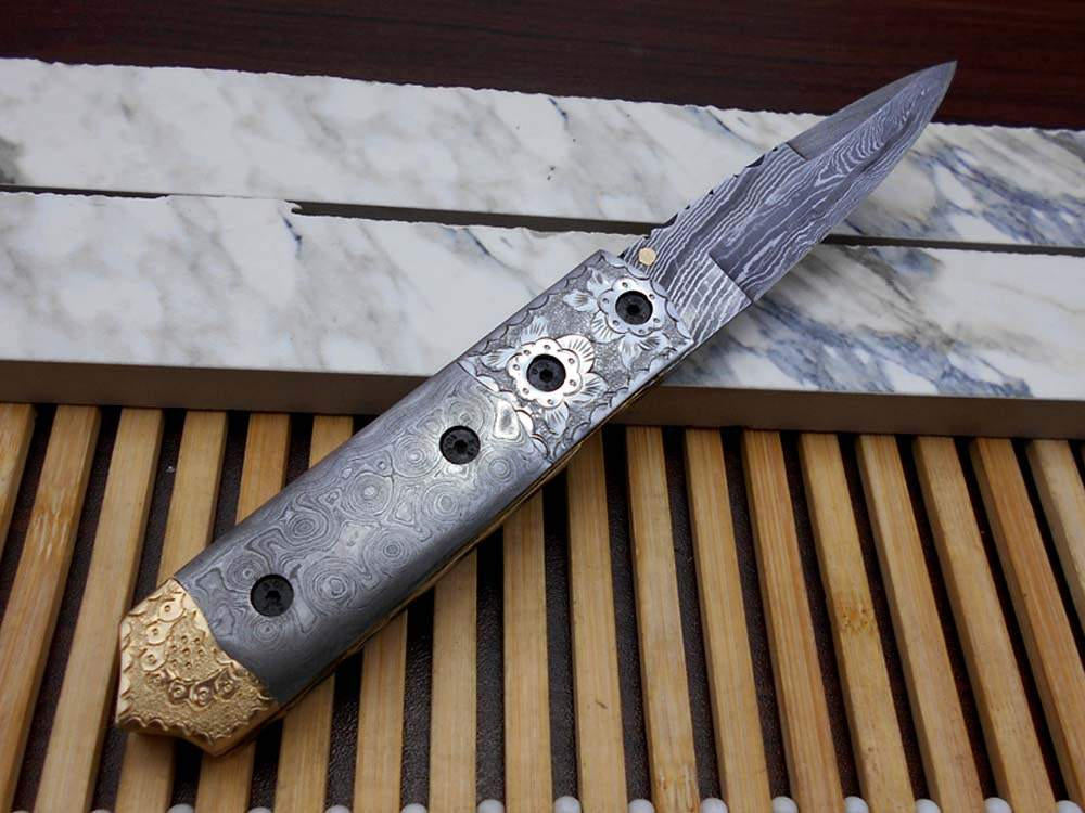 Damascus steel 7.5" long Folding Knife Damascus with engraved brass & steel scale, custom made 3" Hand Forged blade cow hide leather sheath