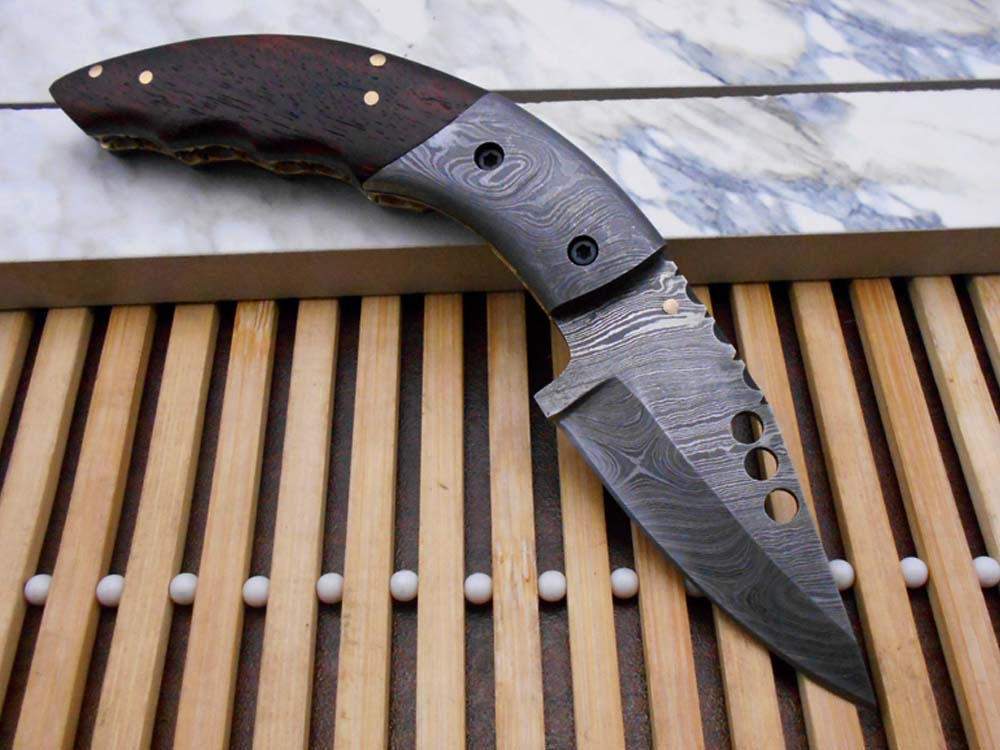 Damascus steel 7" long Folding Knife, Available in 3 scales with bolster, 3" Hand Forged legal blade with 3 inserting holes, Cow hide leather sheath included