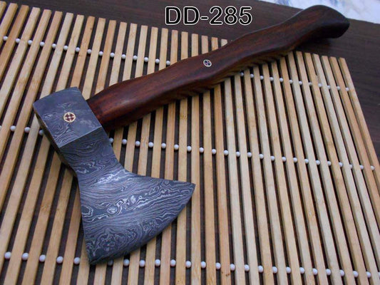 Damascus steel tomahawk Axe bearded hiking battle axe14.5 Inches long Hand Forged with Rose wood round handle, thick cow hide leather sheath