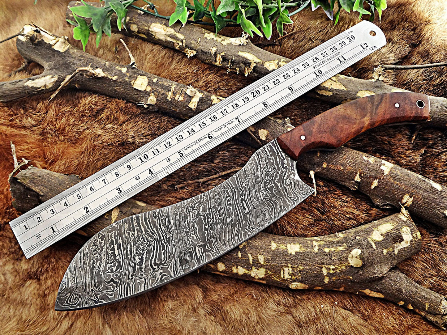 13 Inches long custom made Damascus steel full tang blade chopper chef Knife 7.5" long cutting edge Rose Wood scale with inserting hole
