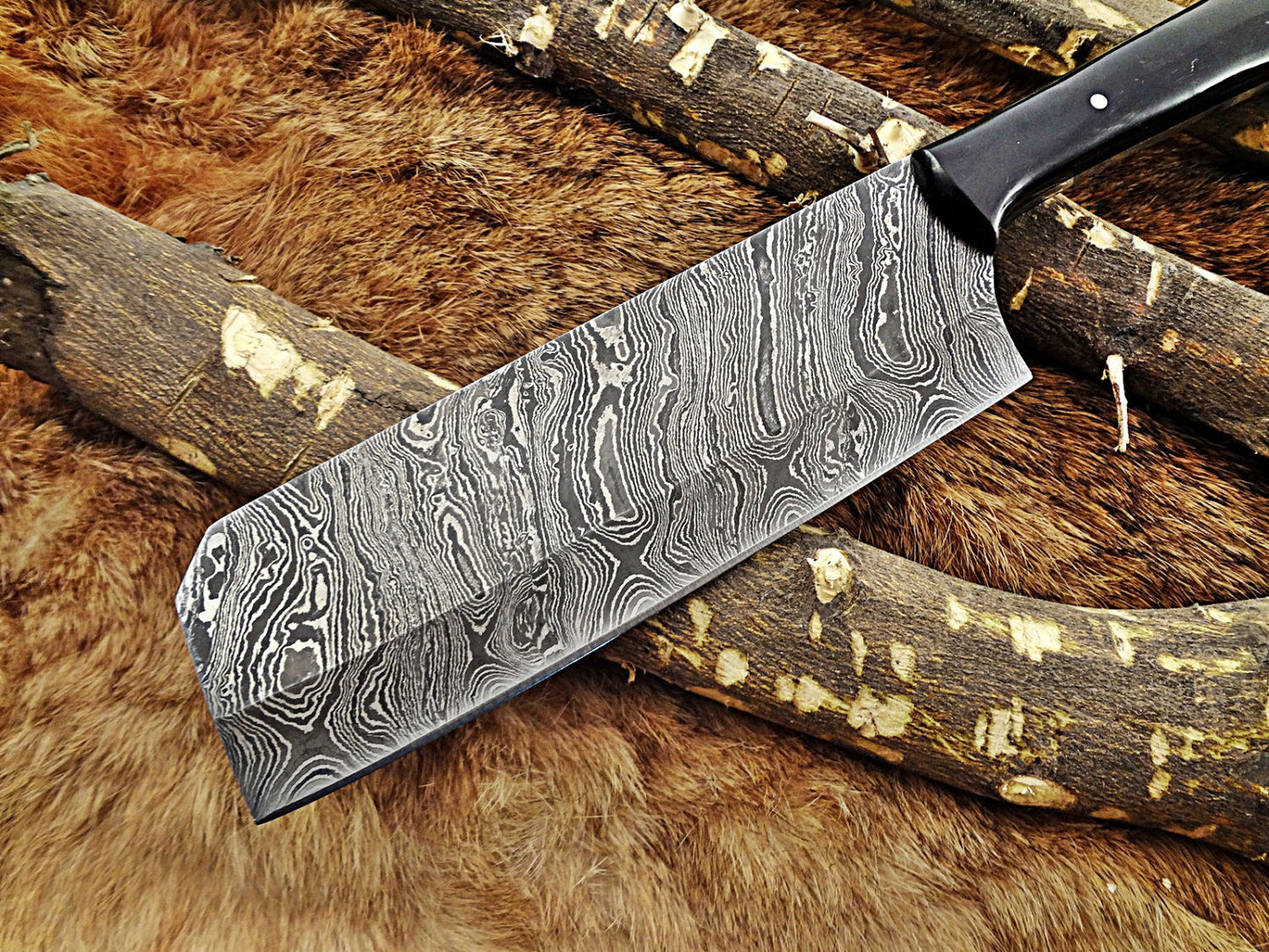 Damascus steel chopper chef cleaver Knife 10 Inches long custom made full tang 6" blade Buffalo Horn scale with inserting hole